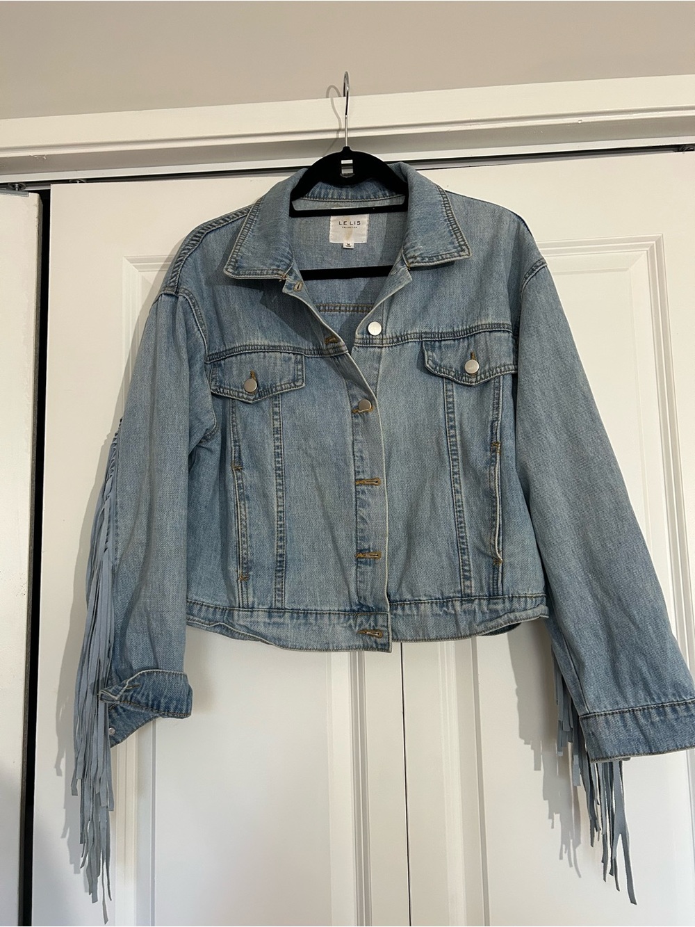 Le Lis Light Blue Denim Jacket with Fringe Sleeves